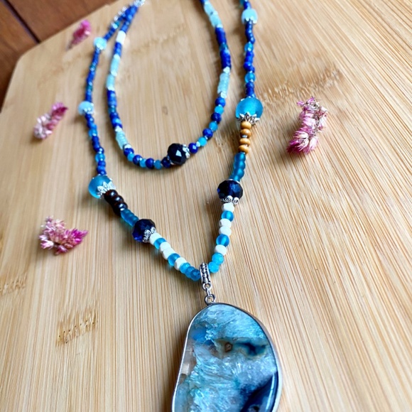 Multi Gemstone Layered Statement Necklace with Lapis Lazuli - Aquamarine - Picture 2 of 10